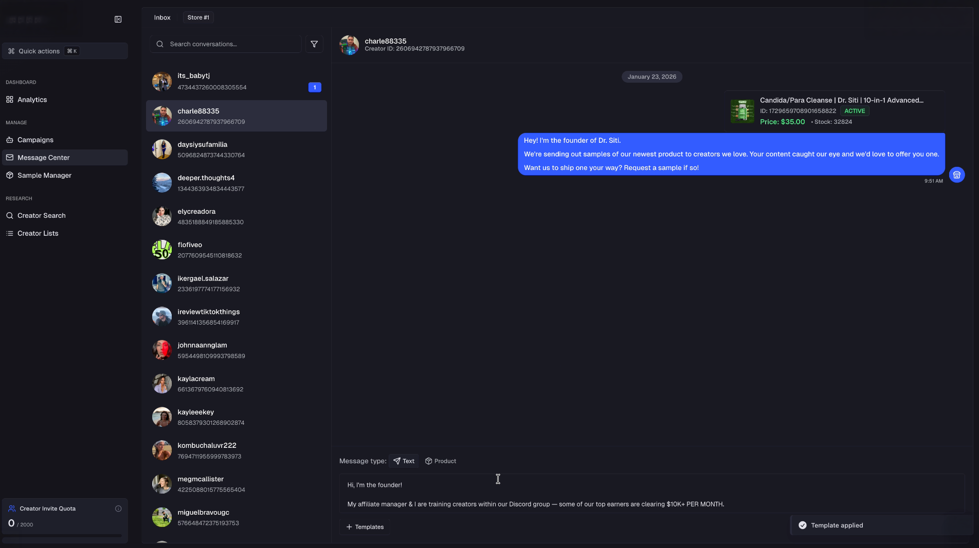 Mengo AI sending personalized outreach to 1,248 UGC creators